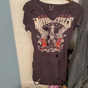 Distressed ripped graphic fitted long tee or dress (xs)